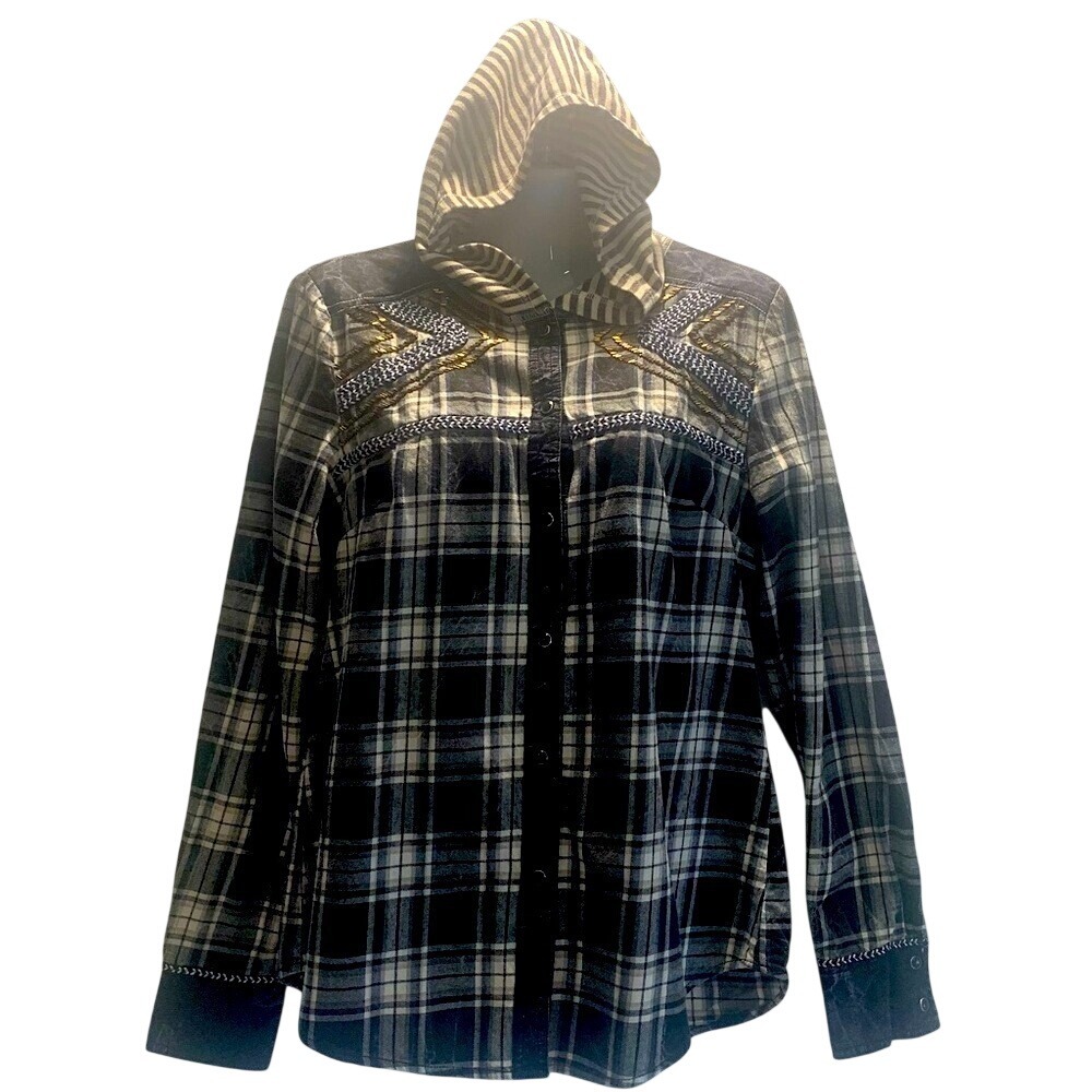 Women's Gimmicks by BKE Black White Blue Plaid Button‎ Down Shirt with Hoodie